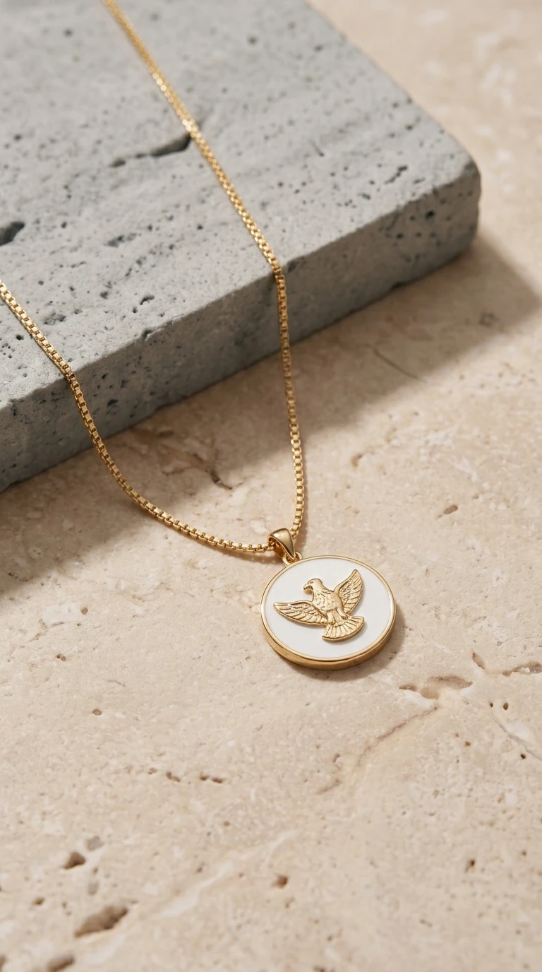 Colar dourado com pingente redondo de fundo claro e pomba em relevo, sobre superfície de pedra.