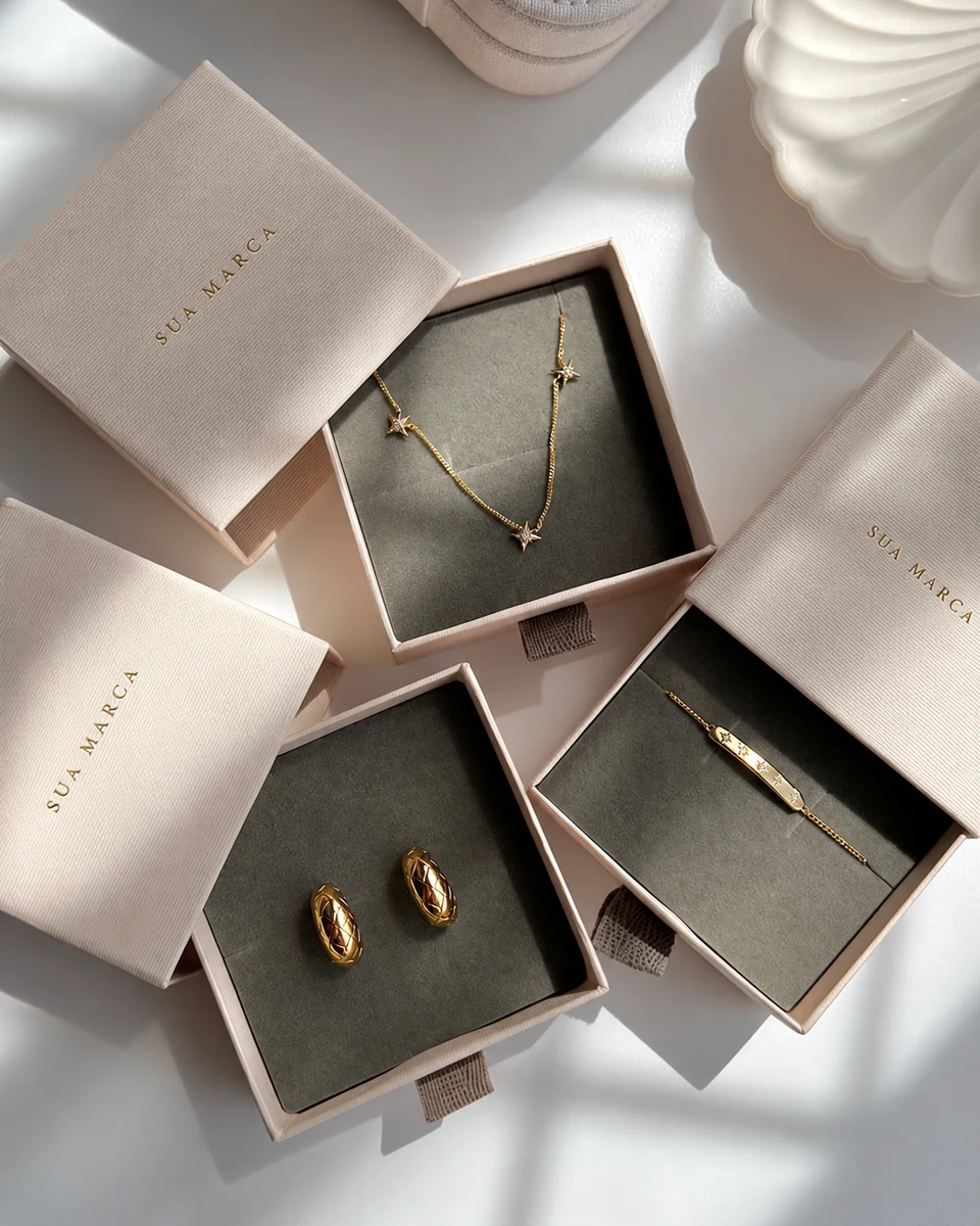 Caixas personalizadas abertas com colar, brincos e pulseira dourados