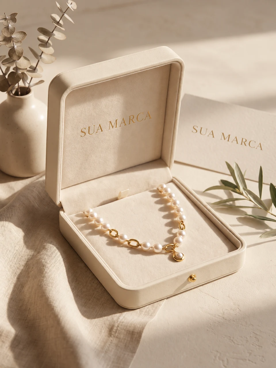 Caixa personalizada aberta com colar de pérolas e detalhes dourados, acompanhada de cartão da marca.