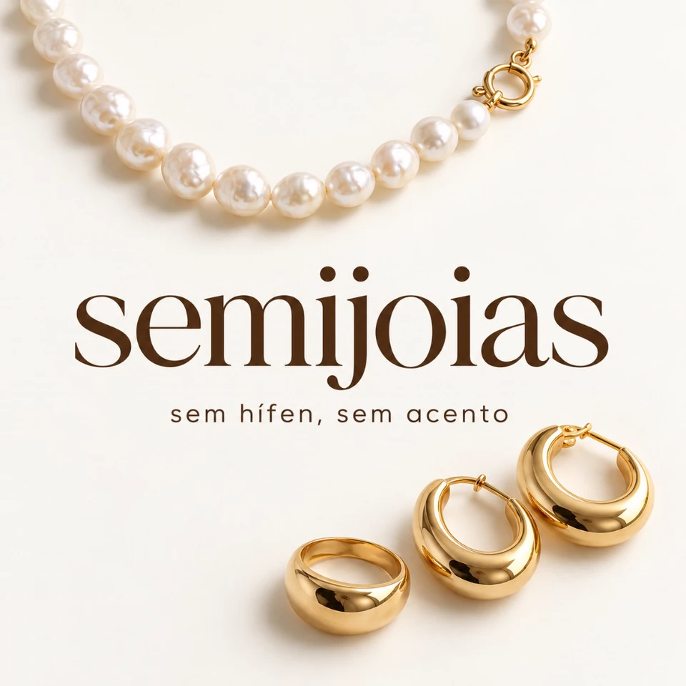 Colar de pérolas, anel e argolas douradas ao redor da palavra semijoias, escrita em uma só peça.
