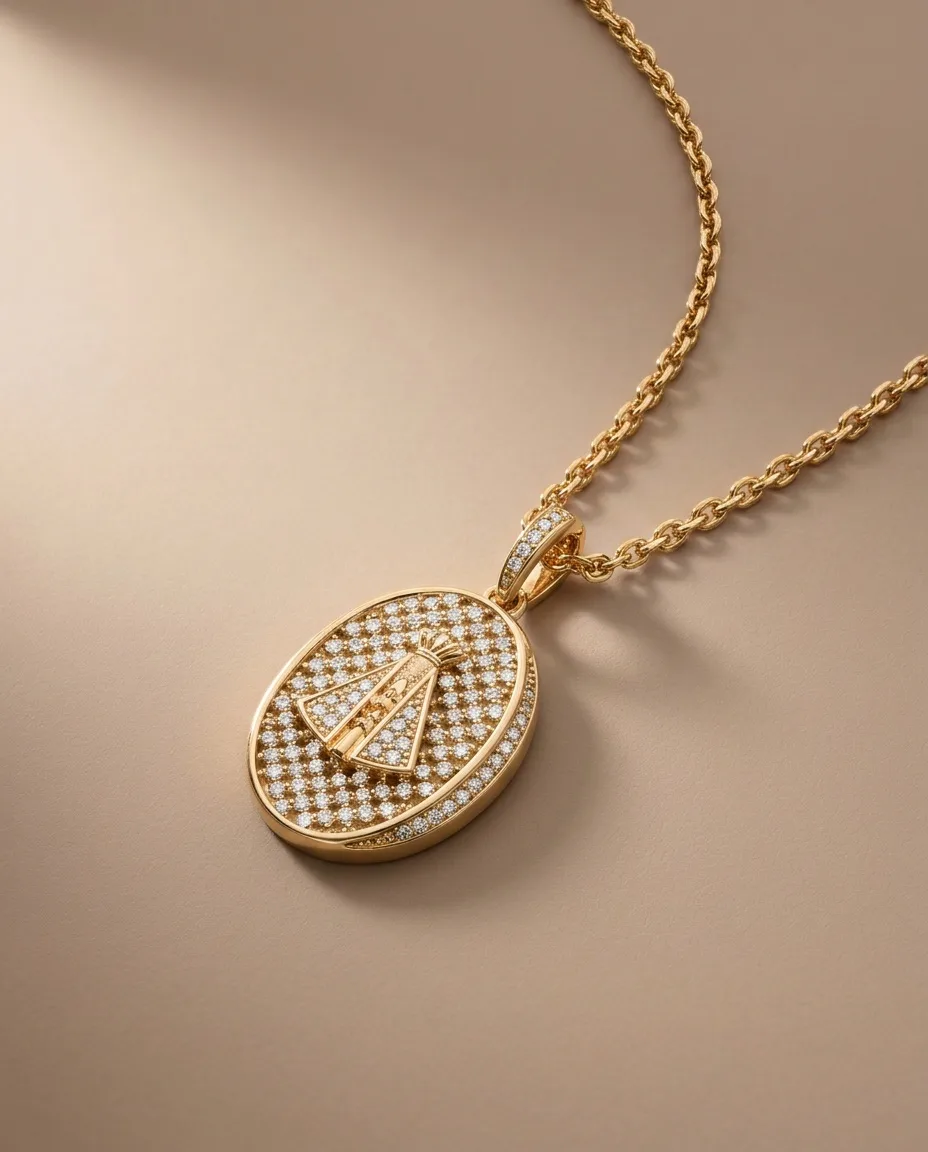 Medalha oval dourada cravejada de pedras claras, com a imagem de Nossa Senhora Aparecida em relevo, sobre superfície bege, com a corrente ao lado.