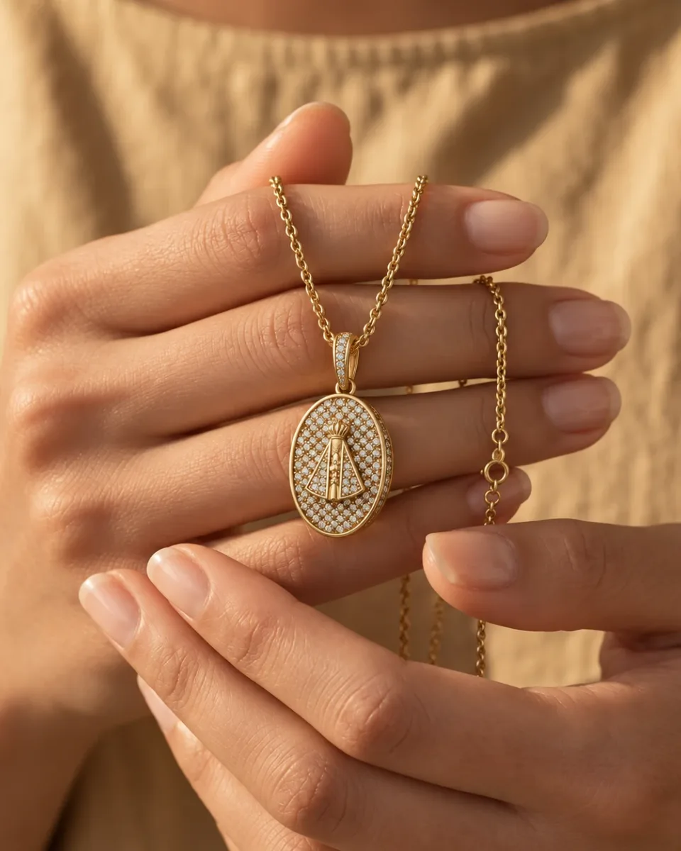 Mãos segurando uma medalha oval dourada cravejada, com a imagem de Nossa Senhora Aparecida, e a corrente entre os dedos, diante de uma blusa clara.
