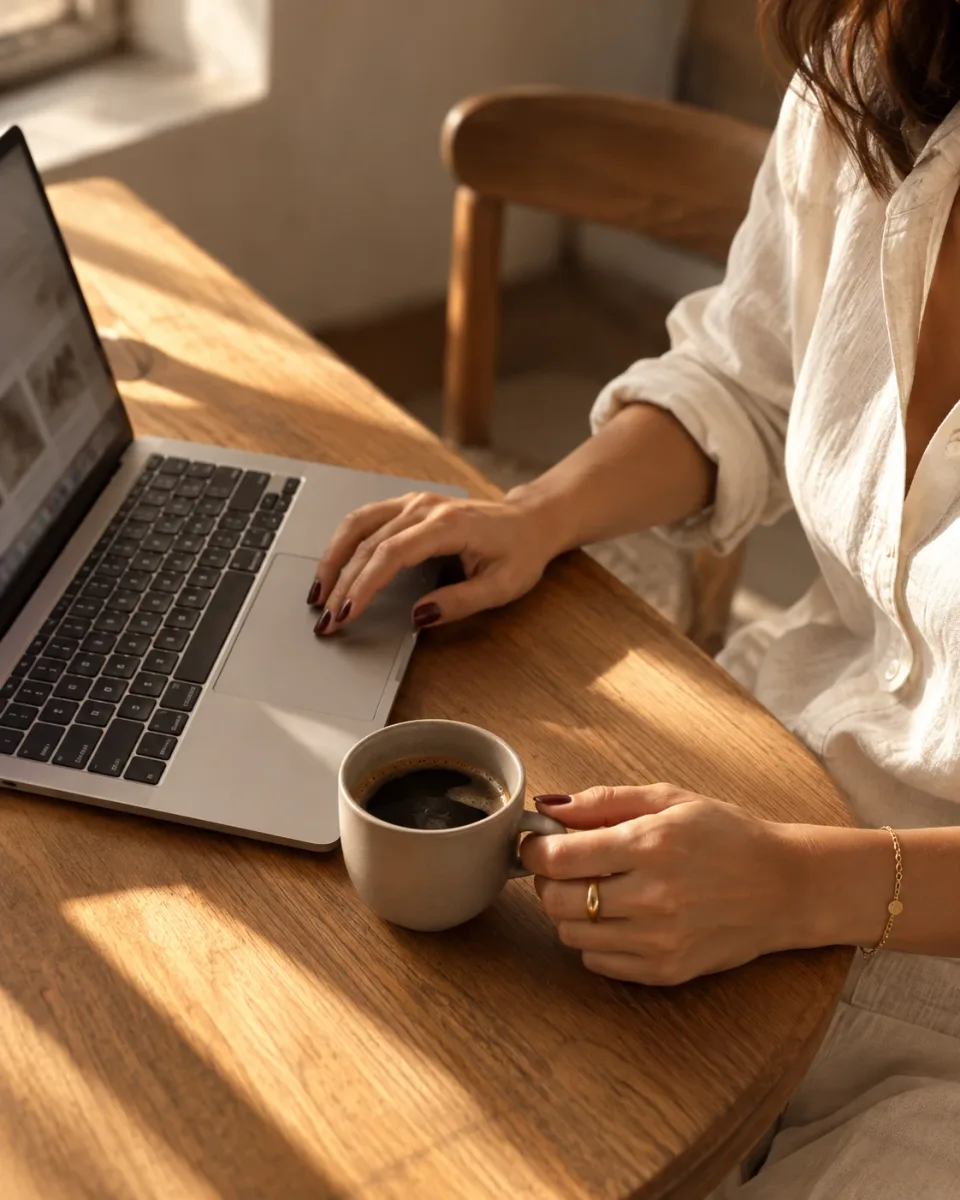Mulher de camisa clara sentada à mesa de madeira, uma mão no teclado do notebook e a outra na xícara de café, à luz da janela.
