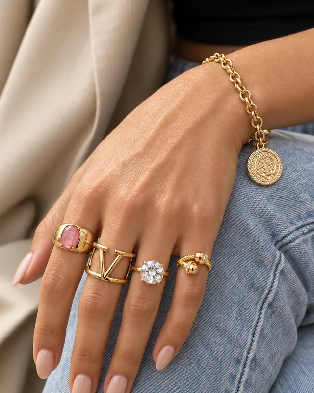 Mão com anéis dourados, um deles com pedra rosa, e pulseira de elos com medalha de São Bento, sobre calça jeans.