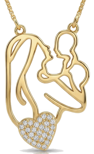 Pingente dourado vazado com a silhueta de uma mãe segurando um bebê e um coração cravejado, preso a uma corrente veneziana.