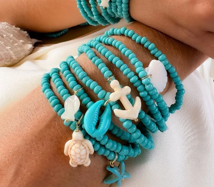 Mix de Pulseiras Artesanais de Miçangas Tchecas Turquesas com Pingentes do Mar!! ♥️😱 Pedra Bruta Atacado Revender Semijoias